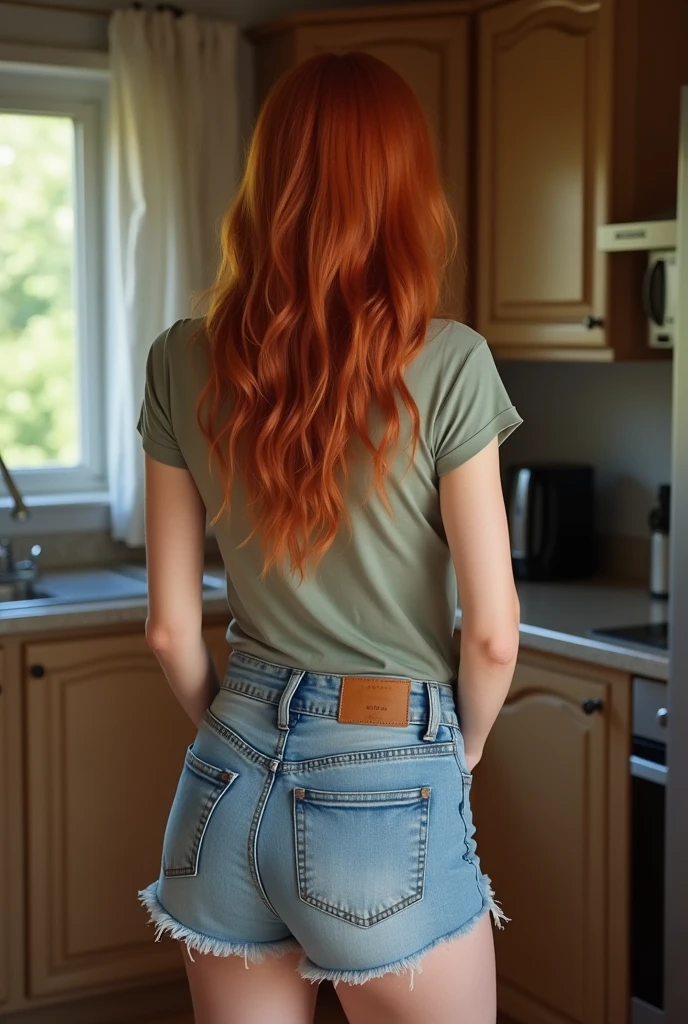 24 year old redhead MILF filmed from behind、Relaxing in the kitchen without noticing, she have a hot body em forma de ampulheta with huge and bubble butt, (she's not looking at the camera), clear green eyes, (redhead long hair), realistic and face detailed, beautfull woman, face detailed, work of art, mature style, Lindos modelos em 8k altamente detalhados e realisitics, long hair, hourglass shaped body, athletic body, She's wearing jean shorts and a small, loose t-shirt, sexly, realisitic.