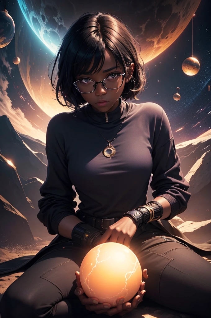 (1 girl), アニメ, short dark hair, darkskin, shiny glasses lenses, closed and expressionless mouth, sitting down, with hands holding a glowing sphere while two other glowing spheres orbit around it, photorrealistic, 8k, hyperdetailed, intrikate, digitl art, cinematic lighting, volumetric lighting, dramatic lighting, soft color palette, sci-fi, futurist, ethereal, unearthly