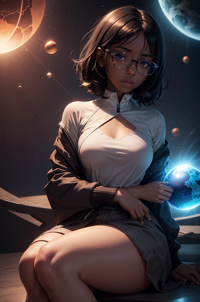 (1 girl), アニメ, short dark hair, darkskin, shiny glasses lenses, closed and expressionless mouth, sitting down, with hands holding a glowing sphere while two other glowing spheres orbit around it, photorrealistic, 8k, hyperdetailed, intrikate, digitl art, cinematic lighting, volumetric lighting, dramatic lighting, soft color palette, sci-fi, futurist, ethereal, unearthly