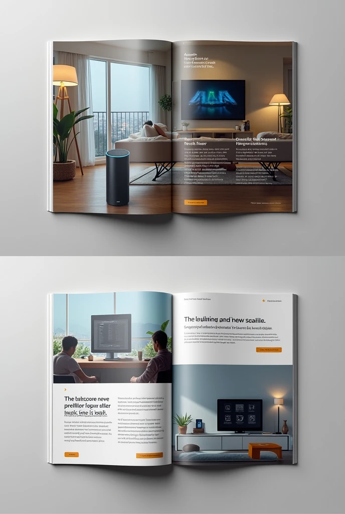 I want the magazine closed (layer) and it's also open (please write the texts I sent)
### **Magazine Ad - Alexa: “Your House, Your Control”**
#### **objective:**
Create a two-page ad that highlights key Alexa features, with a visually appealing and clear approach.
---
#### **Page 1: The Alexa Experience**
**Layout and Image:**
- **main image:**
- Show Alexa in a modern environment, like a living room. Alexa should be in the spotlight, with people interacting with it (For example, someone asking to play a song or adjust the lighting).
- **texto:**
- **Title:** “Transform Every Moment with Alexa” - **Corpo do texto:**
- "Imagine a home where every task is done with a simple voice command. Alexa makes it possible, offering an automation and entertainment experience like never before. From adjusting the lighting to playing your favorite tunes, Alexa is the assistant that understands your needs and responds instantly."
- **Highlighted Features:**
- Voice Control: Adjust lights, temperature and much more effortlessly.
- Music and Entertainment: Play your favorite songs in exceptional quality.
- Smart Assistance: Get news updates, weather forecast and reminders in a practical way.
- **Call to Action:**
- "Discover the new era of automation. Alexa is here to transform your home."
---
#### **Page 2: Integration in Practice**
**Layout and Image:**
- **main image:**
- Show Alexa in use in different parts of a home (For example, controlling lights, adjusting the temperature). Image that conveys Alexa's integration with various devices in a practical and simple way.
- **texto:**
- **Title:** “Alexa: The Center of Your Smart Home” - **Corpo do texto:**
- "Alexa is not just an assistant; is the brain of your smart home. Com a layercidade de integrar e controlar diversos dispositivos, Hi