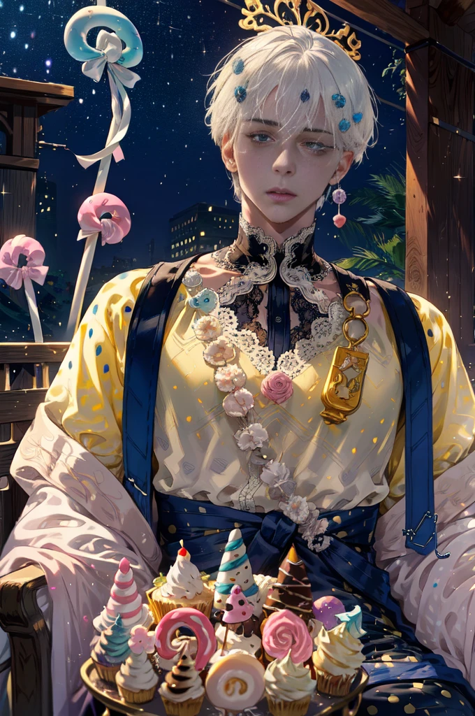 (((1boy in))), (aldult), ((comic strip))、(Multiple english texts)、short hair, (((handsome))), Pastel muted colors, (The color palette is yellow:1.2, Blue:1.2, Pink:1.2), (White hair and purple color), Short Fashion male outfit, Sitting on a throne made of sweets and pastries, For example, donut, sprinkle, candy, lollipop, candy cane, a cake, cupcake, Cake Pop, Ruffles and lace, polka dot, detail eyes