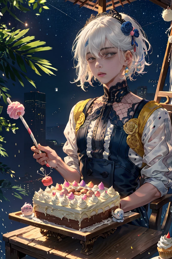(((1boy in))), (aldult), ((comic strip))、(Multiple english texts)、short hair, (((handsome))), Pastel muted colors, (The color palette is yellow:1.2, Blue:1.2, Pink:1.2), (White hair and purple color), Short Fashion male outfit, Sitting on a throne made of sweets and pastries, For example, donut, sprinkle, candy, lollipop, candy cane, a cake, cupcake, Cake Pop, Ruffles and lace, polka dot, detail eyes