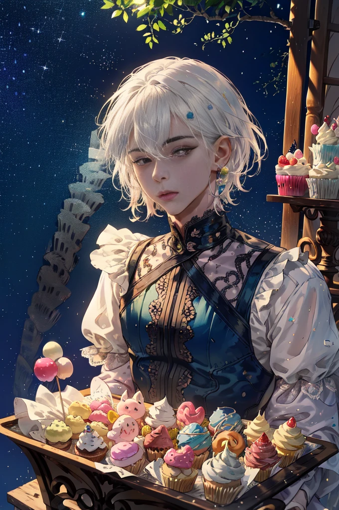 (((1boy in))), (aldult), ((comic strip))、(Multiple english texts)、short hair, (((handsome))), Pastel muted colors, (The color palette is yellow:1.2, Blue:1.2, Pink:1.2), (White hair and purple color), Short Fashion male outfit, Sitting on a throne made of sweets and pastries, For example, donut, sprinkle, candy, lollipop, candy cane, a cake, cupcake, Cake Pop, Ruffles and lace, polka dot, detail eyes