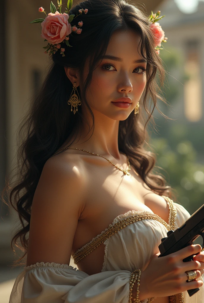 uhd, high details, best quality, goddess, gun