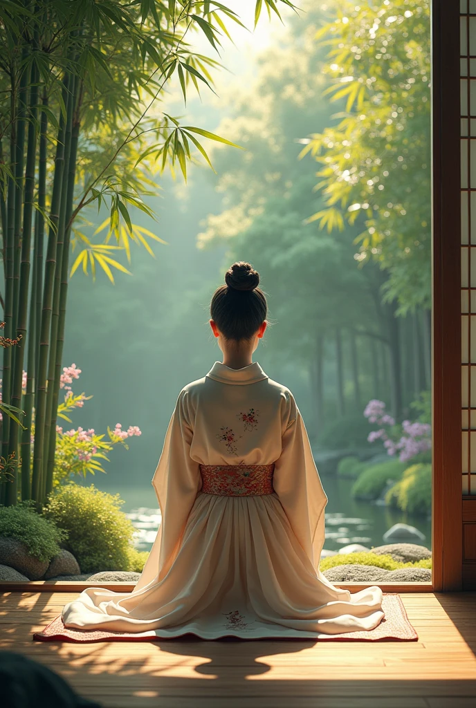 Beautiful attention to detail, Traditional attire, Quiet Garden, Cherry Blossom, Roomy robes, Graceful pose, bamboo forest, Delicate embroidery, Tea Ceremony, architecture, Soft lighting, Vibrant colors, Dreamy atmosphere, Intricate details. On my knees