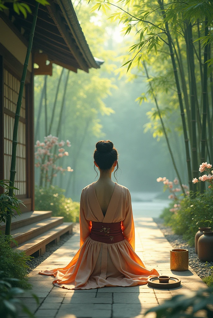 Beautiful attention to detail, Traditional attire, Quiet Garden, Cherry Blossom, Roomy robes, Graceful pose, bamboo forest, Delicate embroidery, Tea Ceremony, architecture, Soft lighting, Vibrant colors, Dreamy atmosphere, Intricate details. On my knees