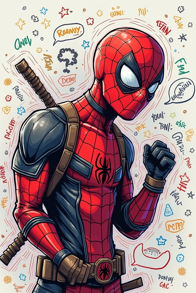 Various doodle drawings intertwining filling the screen with a Spider-Man and Deadpool art style.: roblox e cartoon
