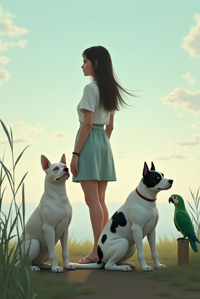 woman with straight hair, looking at the horizon next to 1 white pitbull bullterrier, 1 white and black pitbull bullterrier and 1 green parrot