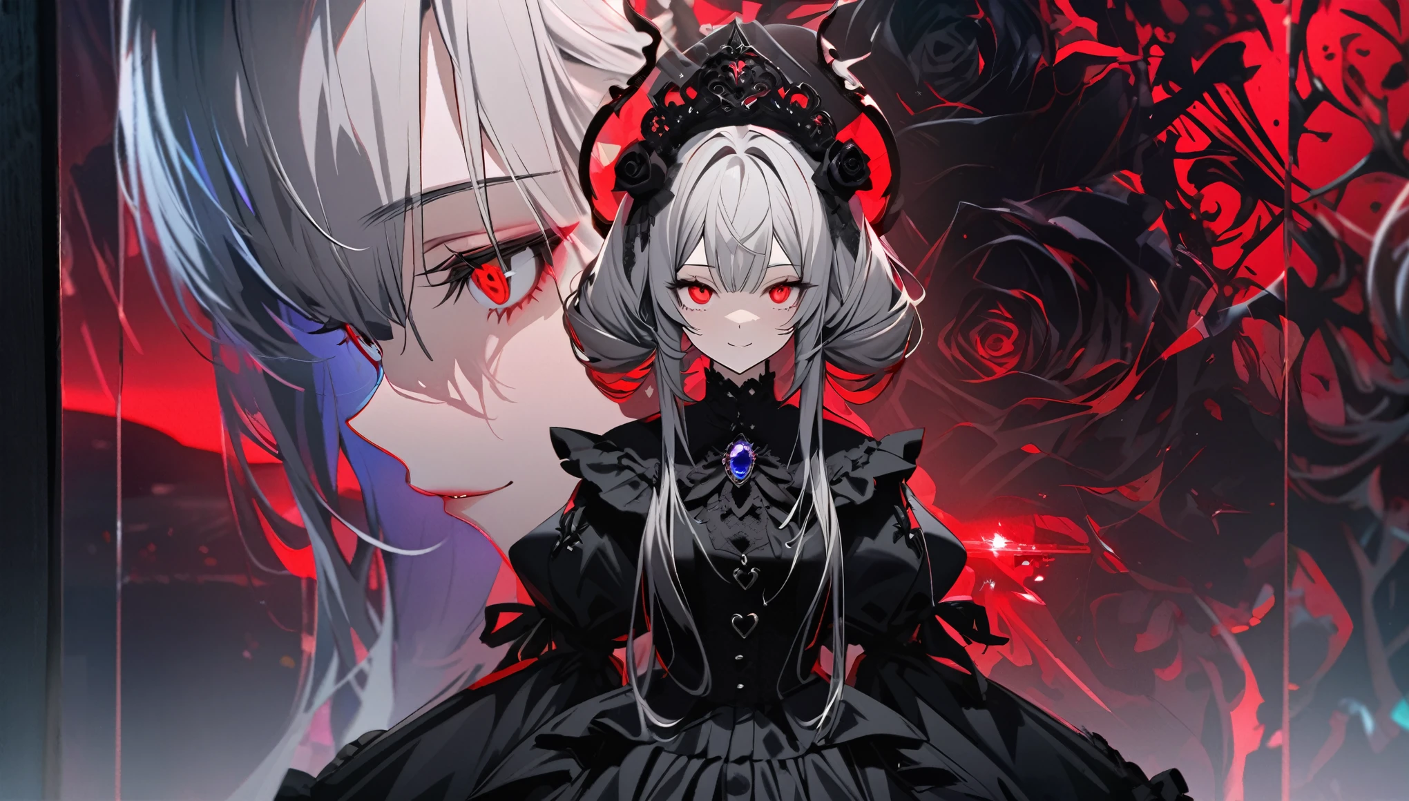 Staring into the mirror, a girl and her shadow, the shadow is the demon in the girl's mind, two people, tense lens, the body of the photo is the background of the room, bright and fresh photo, beautiful abstract girl staring into the mirror and the age girl character in it. Gray hair color, red glowing eyes, long hairstyle, mole under the left eye, gentle smile, black rose brooch, surreal background, enchanting style, gothic loliashion