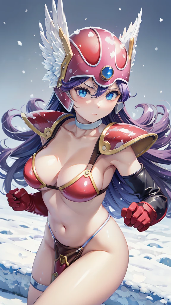 masterpiece、1 beautiful girl、Beautiful Eyes、Puffy eyes、Highest quality, 超High resolution, , Cinema Lighting、so beautiful、Beautiful Skin、(Ultra-realistic)、(High resolution)、(8k)、(Very detailed)、(Beautiful Eyes)、(Very detailedな)、 、Detailed face、Bright lighting、Professional Lighting、Looking at the audience、Look straight ahead、Diagonal bangs、Perfect cosplay,((masterpiece, Highest quality,Edge Quality)),
Edge DQ, Long Hair, chest,, blue eyes, large chest, gloves, belly button, chestの谷間, Bright purple hair, choker, elbow gloves, sword, bikini armor, Winged Helmet, red armor ,wearing Edge DQ_armor、Muscular、(((Snow is piled up、雪がchestの高さまで積もっている:1.7)))、(((I'm shivering from the cold.、Stuck:1.5)))