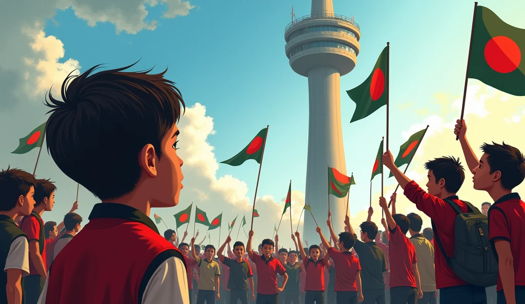 A young boy drawing Bangladesh student protest scene Metro Rail pillar. In that scene the students are taken Bangladesh flag in there hand