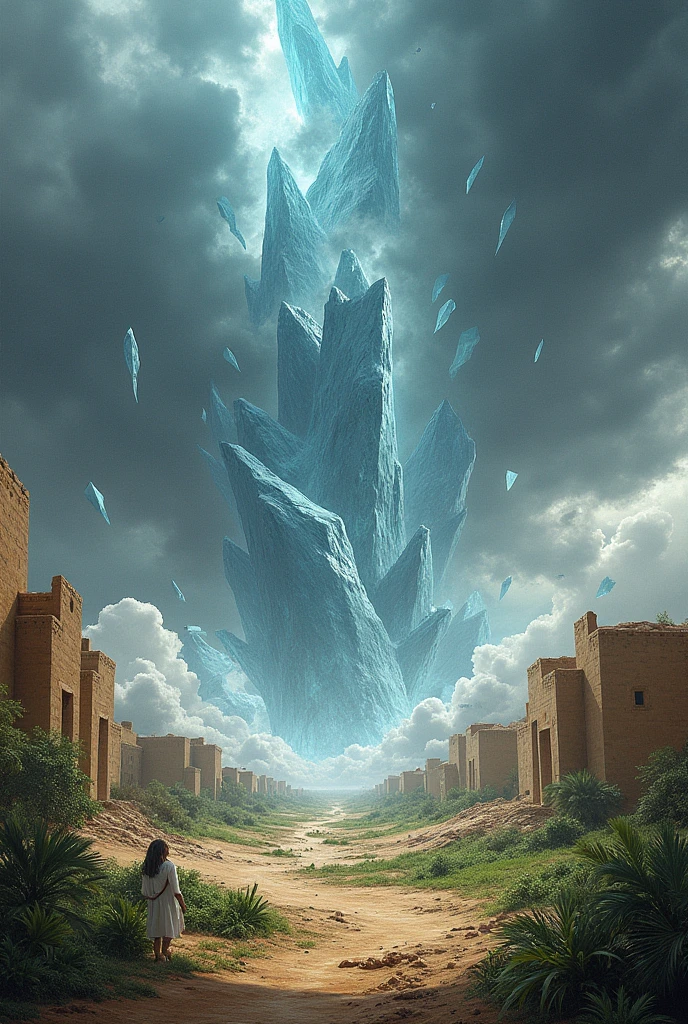 The hailstorm: Draw large rocks of ice falling from the sky, destroying Egyptian plantations and hous