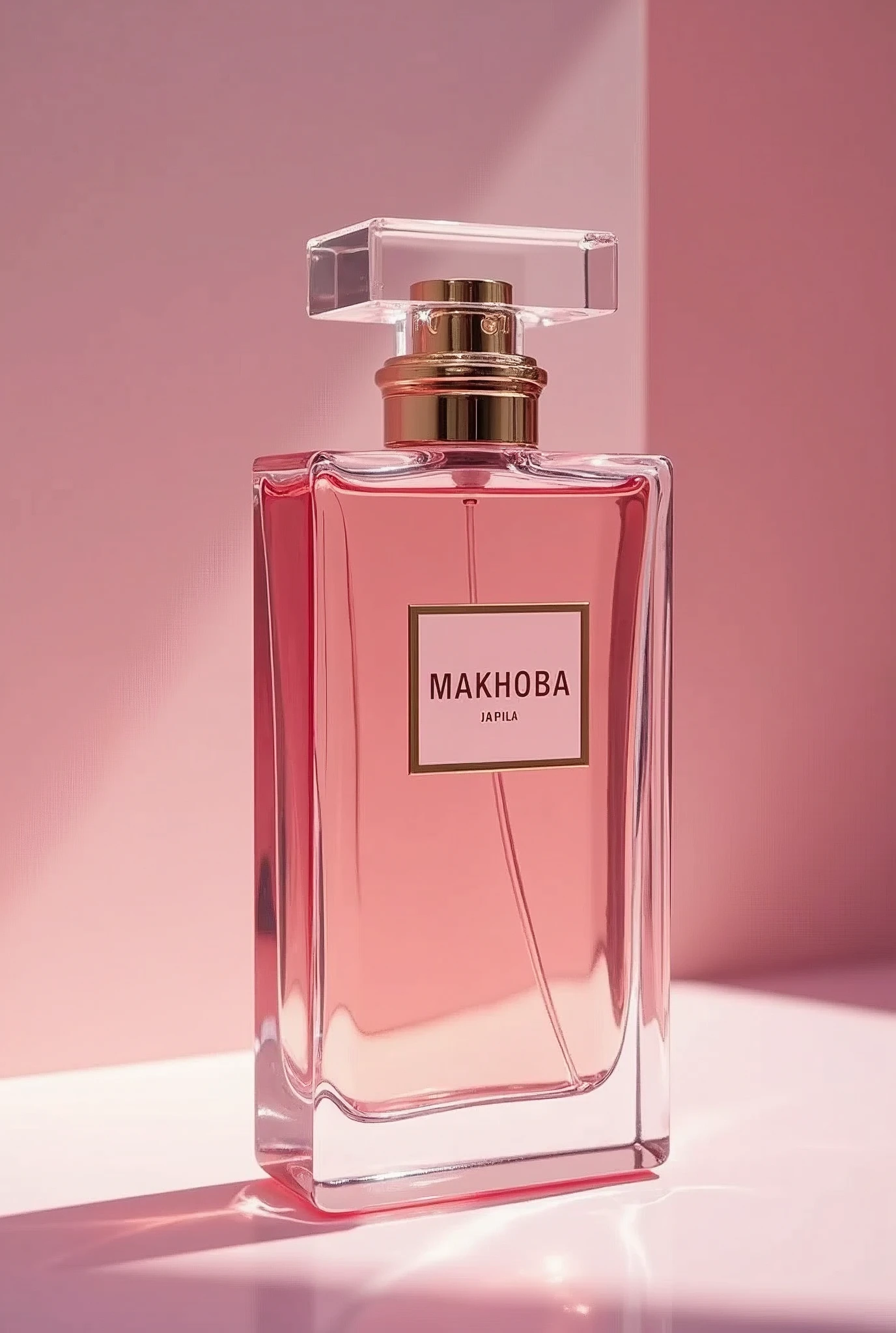Create a fragrance named MAKHOBA, with vanilla and woody notes , as well as bubblegum flavoured notes , luxurious see through glass perfume with pinkish aesthetic with mature design