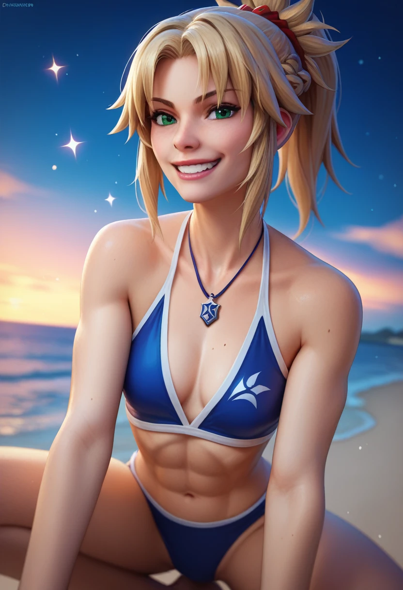 Mordred Summer, sparkles, beach setting, night, genuine smile 