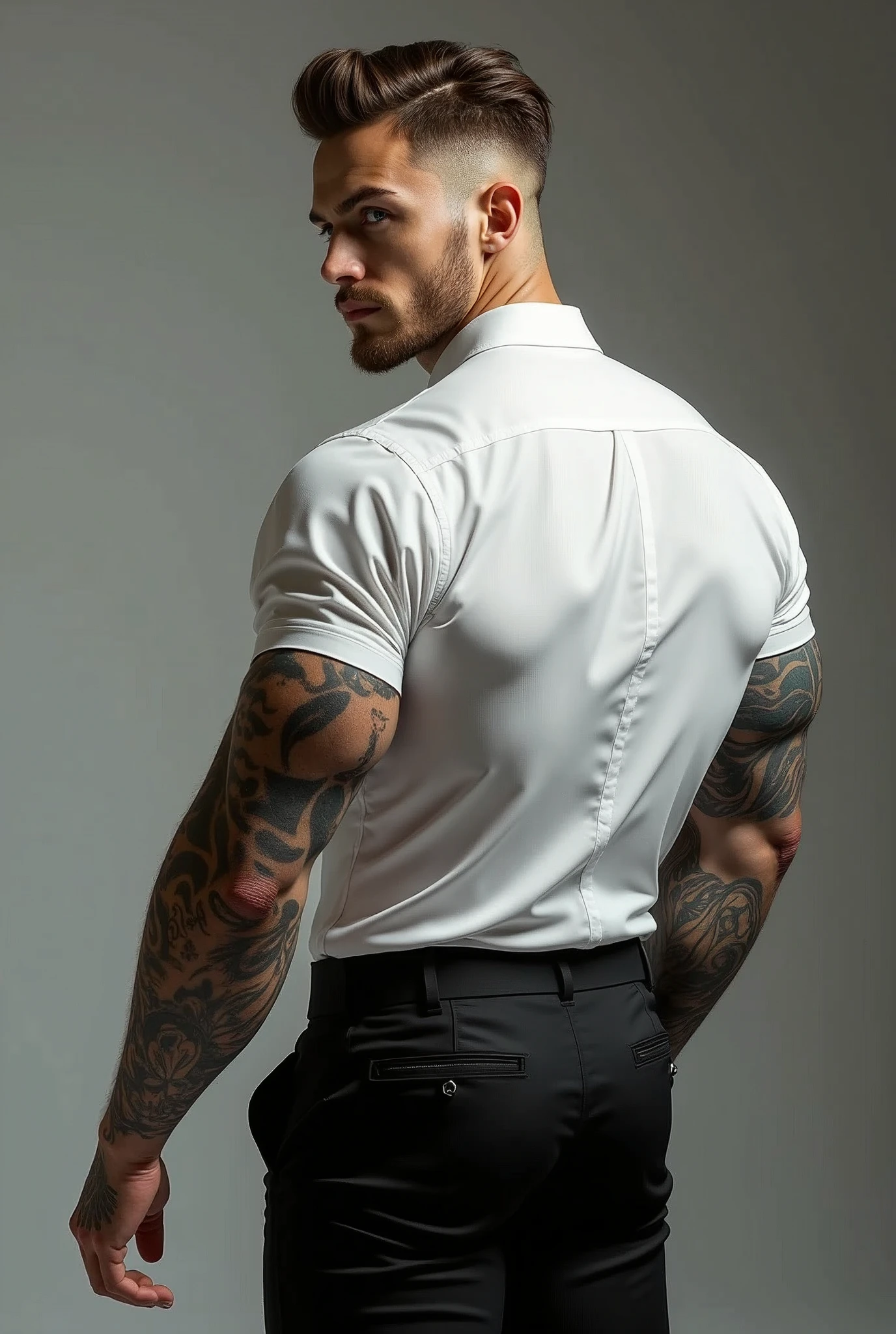 Create a guy in his 30s with Russian and Italian features, Let his eyes be blue, medium light brown hair, height of 1.muscular man with tattoos on his left arm that reach his fingers , A piercing on his lower lip on the right side. He's dressed in elegant clothing, a white shirt., He's wearing black pants, his back to us, looking over his shoulder