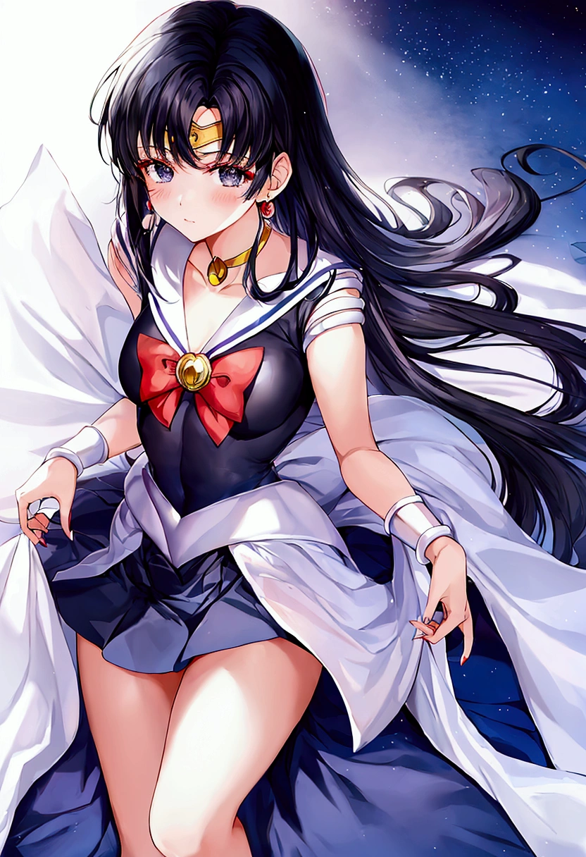 ​masterpiece, top-quality, hight resolution, 8K, Hi-Res, ultra-detailliert, 1girl in, (Anatomically correct), (Full limbs), (Precise fingertips), Slender 18 year old beautiful active girl, Brown-eyed, Slender eyes, A dark-haired, extra very short hair, (Black skin:1.3), ((Sailor Moon: 1.3)), (white  leotard), (Blue sailor color), (Over-the-knee boots:1.1), a choker, (white glove), Blue choker, (elbowgloves), (a blue skirt), sole, (Lying in bed), ((One hand is in the :1.3)), (()), ((Touching the  with one hand:1.28)), embarassed face, High school students, Full body like, Bust 86, Waist 58, Hip 88, (Mass sweat),  (Tempered body, Toned body, Split abs:1.1), (Invite your beloved to have  with her)