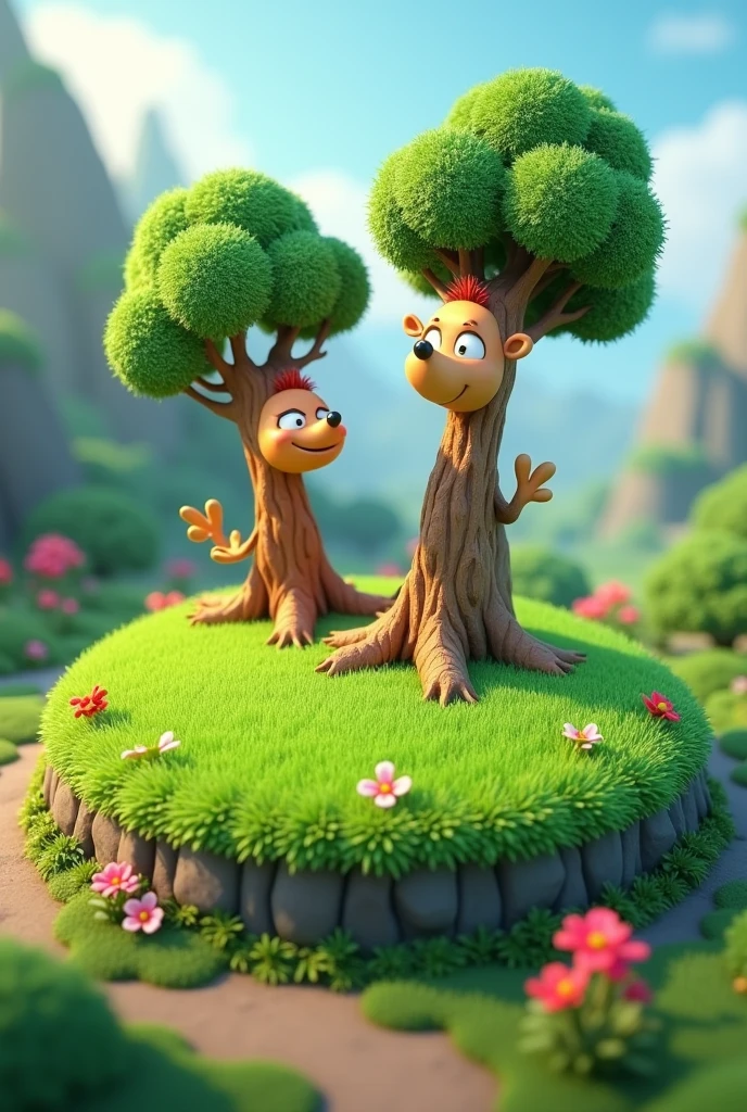 CIRCULAR LAND WITH GREEN AREA AND AT THE TOP IT HAS TWO TREES THAT ARE AN ANIMATED AND 3D DISNEY STYLE