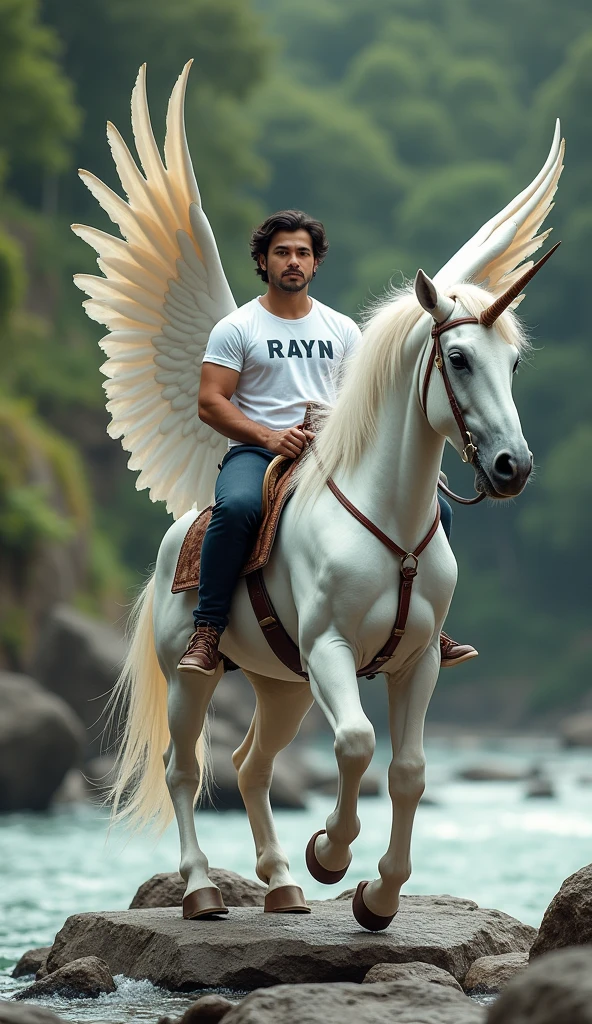 a photo-realism of a bit bulky 32-year-old handsome Indonesian man oval face wavy hair, white t-shirt written on the chest "RAYN" riding on the back of a saddled giant unicorn with wings, HD 4k high detail ultra realistic dynamic hyper realistic oled,  vibrant , subsurface scattering, amazing fine detail, on a little rocky riverbank