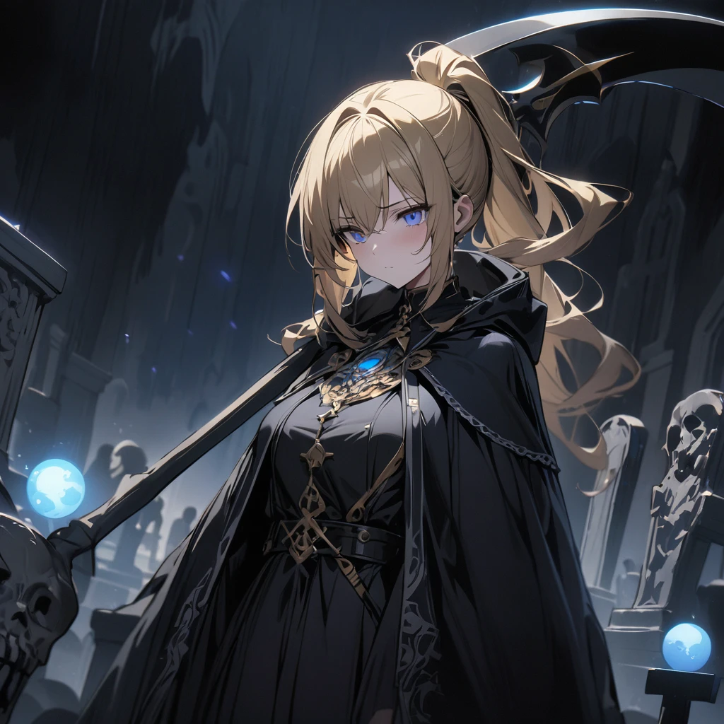 Top quality, masterpiece, high resolution, girl, gold ponytail hair, blue eyes, black cloak, Grim Reaper with death scythe, dark atmosphere, orb light floating in the air, Western cemetery,クローズアップ