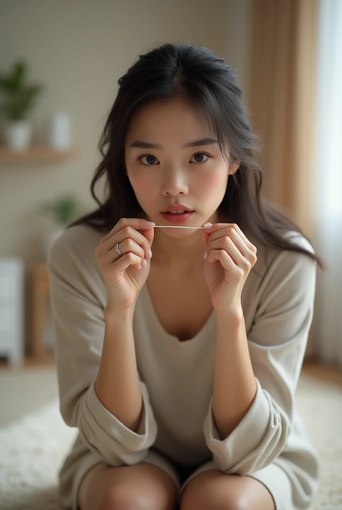Woman flossing, Looking forward while kneeling.
