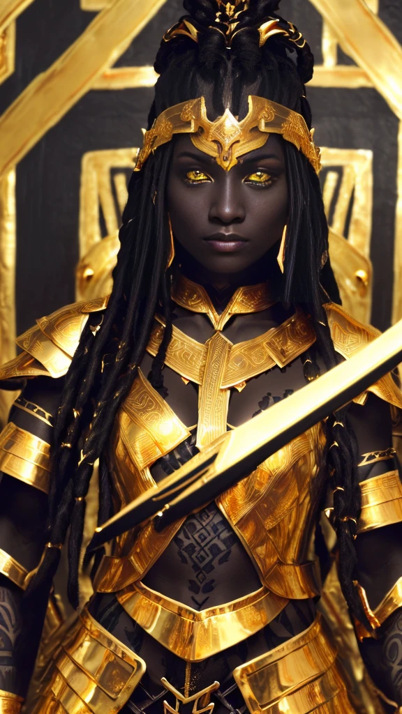 (((Close up upper body picture))), (((1 woman))), Top quality, Intricate details , (Fine skin, Shiny skin, Shiny hair, Pale complexion), A ebony woman, ((standing holding a spear)), (happyness look:1.4), (wearing black and golden battle outfit:1.8), (long dreadlock hairstyle:1.3), (reflective yellow eyes:1.3), (tribal tattoo:1.5), looking at the viewer