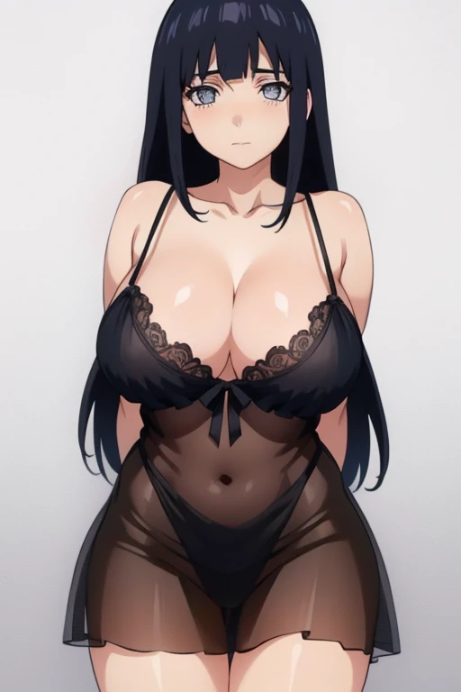 (beautiful detailed face:1.2, beautiful detailed eyes:1.2, beautiful skin, beautiful detailed body:1.5, beautiful breasts), (masterpiece, top-quality, hight resolution:1.2), (anime screencap,1.5, anime-keyvisual), (ultra_detailed, 4k, UHD:1.2), (photorealistic, pixiv:1.3, the perfect body), NSFW, (arms behind back:1.5), hinata\(shippuden\), 1girl, cute, black hair, solo, blush:1.5, (huge breasts:1.5), (negligee:1.5), (collarbone), (cowboy shot:2.0), (perfect detailed anatomy:1.5, beautiful detailed face, beautiful detailed eyes, beautiful skin, perfect detailed arms:1.5), (simple background), thick outline, black outline