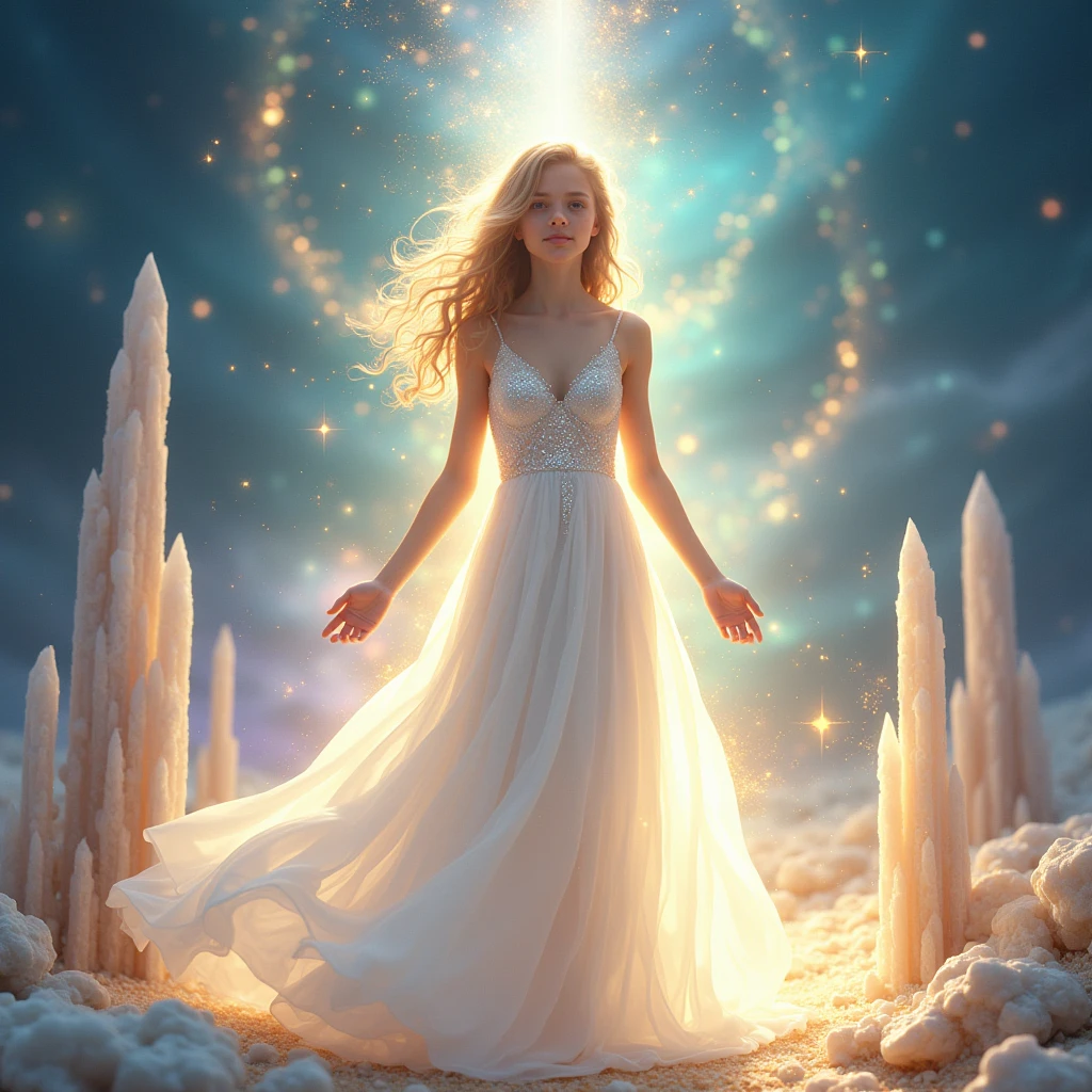 Girl in a white dress with golden sparkles , radiant cosmic background of colorful light full peace and cosmic light healing of the Chactas , space of light mystical crystals spirituality
