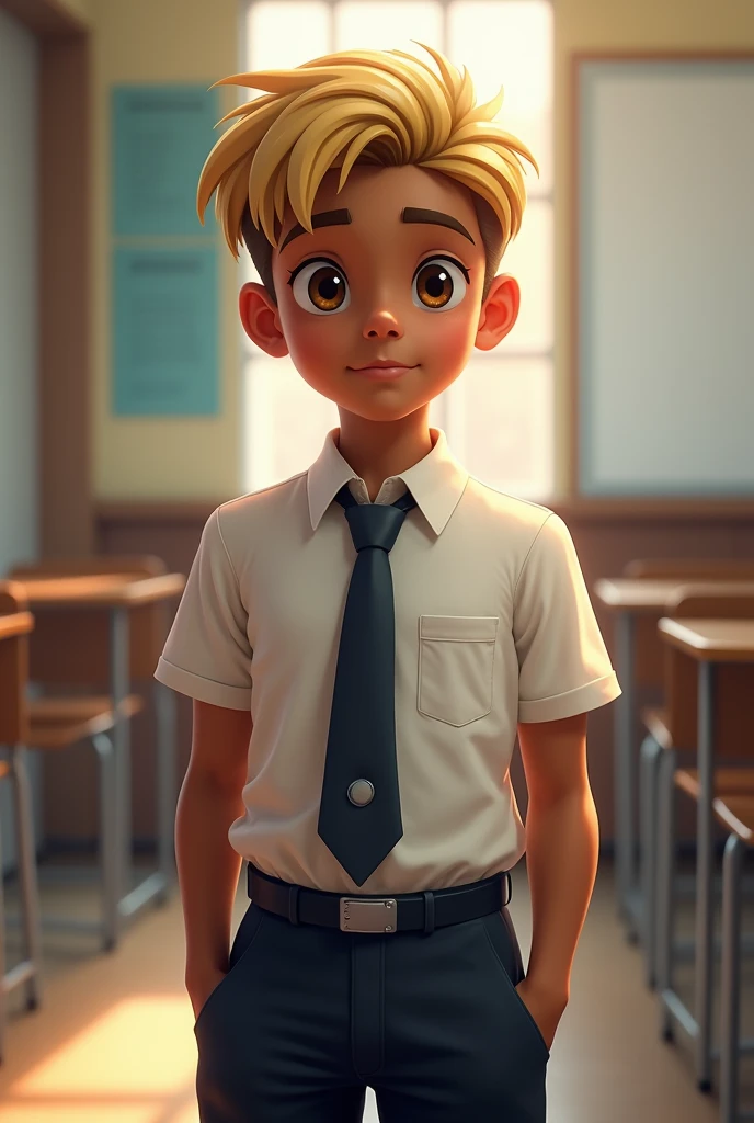 Make a boy with Mexican features, blonde hair, and tall with school clothes