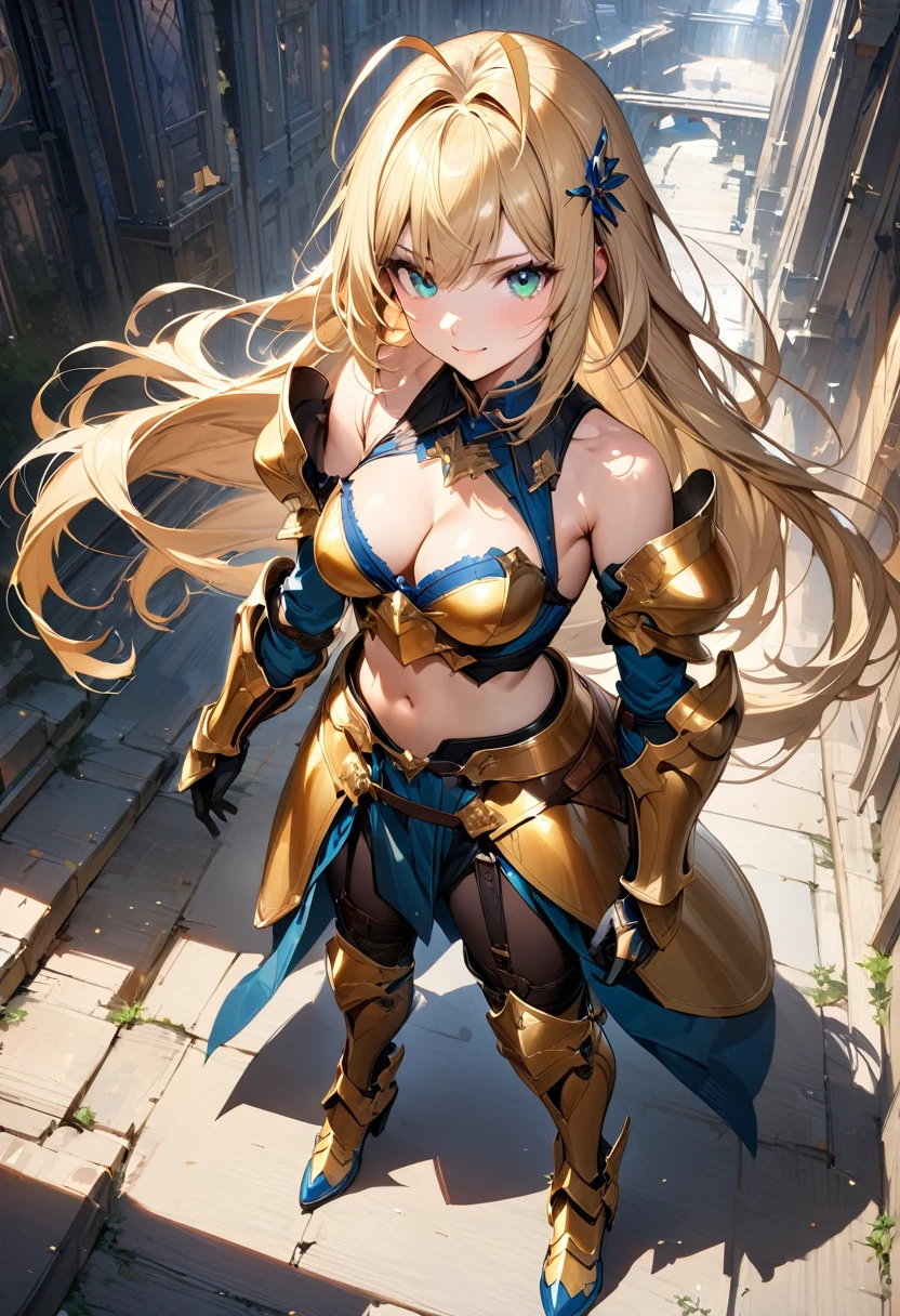 (masterpiece),(best quality),(ultra-detailed),(best illustration),(best shadow),(absurdres),(detailed background),(very aesthetic), 1girl, solo, long-hair, blonde-hair, armor, breasts, navel, boots, looking-at-viewer, cleavage, medium-breasts, armored-boots, midriff, bare-shoulders, simple-background, antenna-hair, high-heels, green-eyes, standing, hair-ornament, gauntlets, greaves, skirt, gloves, collarbone, blue-eyes, very-long-hair, aqua-eyes, high-heel-boots, floating-hair, smile elbow-gloves, ((golden armor))