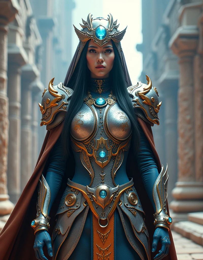 (((Fusion of Modern and Ancient:1.4))), (masterpiece:1.4, best quality), (photo realistic:1.4), an awe-inspiring scene that combines elements of both modern technology and ancient civilization, featuring a central figure dressed in a fusion of futuristic armor with intricate, ancient designs, adorned with glowing circuits interwoven with traditional patterns, (half of the figure's body adorned with sleek, advanced technology, while the other half is wrapped in ancient robes and artifacts:1.2), (eyes that reflect both the wisdom of the past and the insight of the future:1.2), the background is a dynamic blend of towering, futuristic skyscrapers merging with grand, ancient temples, (lighting that casts a soft glow over the ancient structures while the modern elements shimmer with neon lights:1.2), rich textures, vibrant and contrasting colors, (metallic silvers and blues:1.2), (earthy tones and golds:1.2), (dynamic composition that highlights the seamless integration of past and future:1.2), high-quality and detailed, (awe-inspiring and harmonious atmosphere:1.2), captivating and unique, perfect image quality, symbolizing the coexistence and fusion of modern technology and ancient wisdom, majestic and balanced presence 