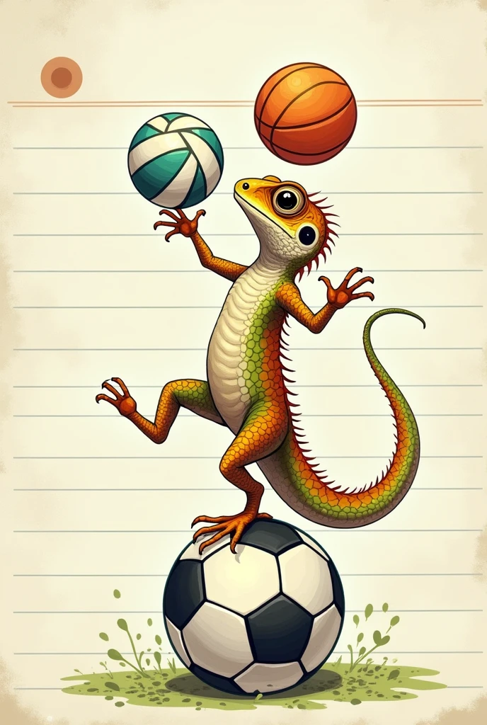 Create a lizard holding a volleyball and spinning a basketball on its tail while standing on a soccer ball drawn on a regular notebook sheet.