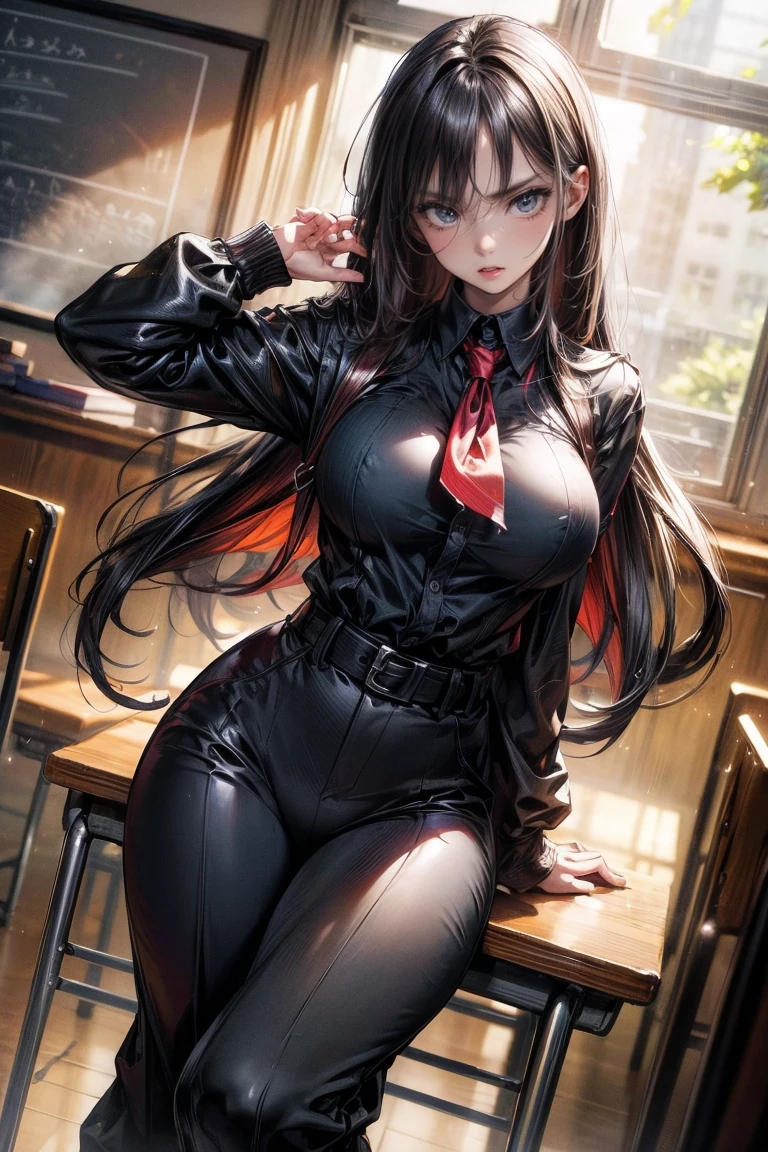 masterpiece sexy caricature, best quality, hyper realism angry sexy teacher, wearing parachute black wide leg pants, long hair, tight shirt, clasroom, baggy, big wet breasts, long hair, high waist, hyper realism, angry, high belt, posing like a leader, clasroom