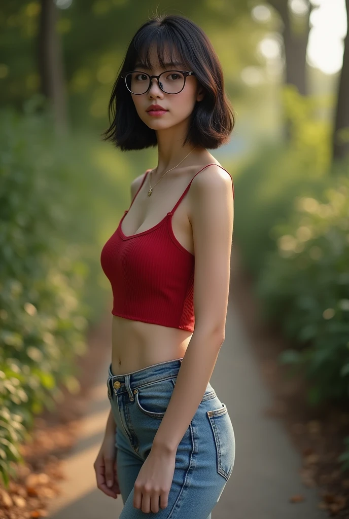 (Full body:1.75); (8K, Masterpiece, RAW photo, Best quality, detail:1.3), (ultra realistic Natural background, scenary:1.5), Depth of field, Cinematic light, (ultra realistic face), (1 picture of 1 solo girl Airim Jones:1.6), 1girl, (Beautiful and elegant escandinian girl), (skinny girl with glasses), (European face:1.3), (perfect complete full body:1.6), (full body shot including shoes:1.6), (perfect [frontal view|side profile|back profile]:1.5), (small necklace, collarbone:1.1), ( [bangs|pigtails|bob|pixie] hair:1.5), (ultra detailed skin:1.4), (sexy red minitop:1.5), (soft fabric miniTop:1.5), (Flare Leg Jeans:1.6), (perfect standing pose:1.5), (perfect long legs:1.4)
