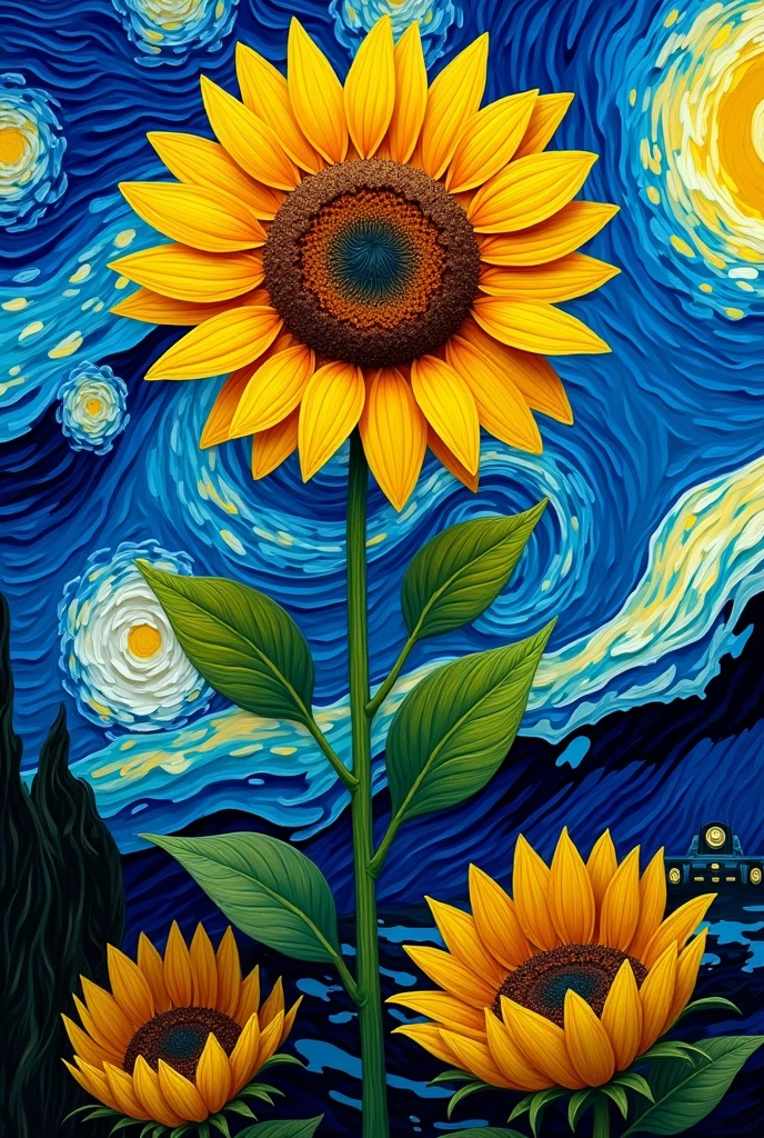 Wedding invitation background in the style of Van Gogh with sunflowers , one in the middle top and the other 2 in the lower corners and a starry night with acrylic relief and blurring 