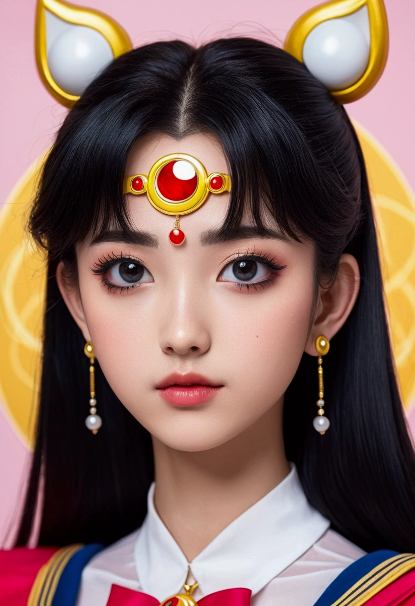 create an image in the Sailor Moon style of a girl with straight black hair to her shoulders, black eyes and a small nose