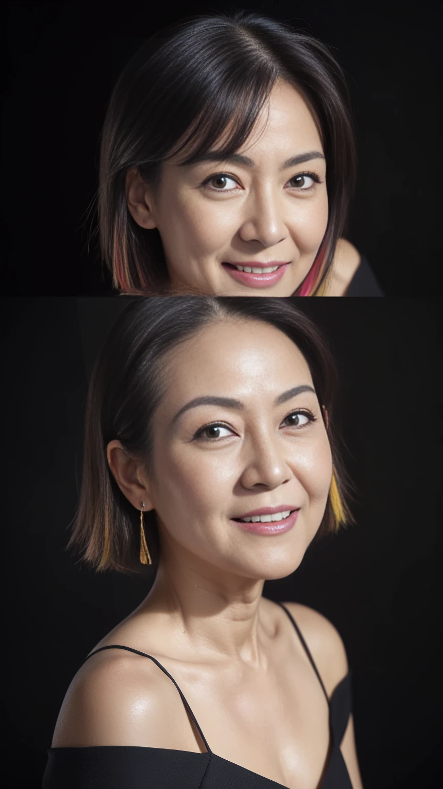 (((Highest quality)), ((8k)), ((masterpiece: 1.3)), (Photorealism: 1.6), (JMA), (Who), (Portrait of a Japanese mature woman), (Pitch black background: 1.2), (65-year-old woman), (Cat face), (Perfect looks), ((Realistic skin texture)), (Fine wrinkles all over the skin), (Dullness), (Facial wrinkles), (Wrinkles around the eyes), double eyelid, Tear bags under the eyelids, (corner of the eye), Thin eyebrows, (Grimacing and laughing), Short bangs, short hair, (Colorful V-neck sexy dress: 1.2), (Close-up of face),