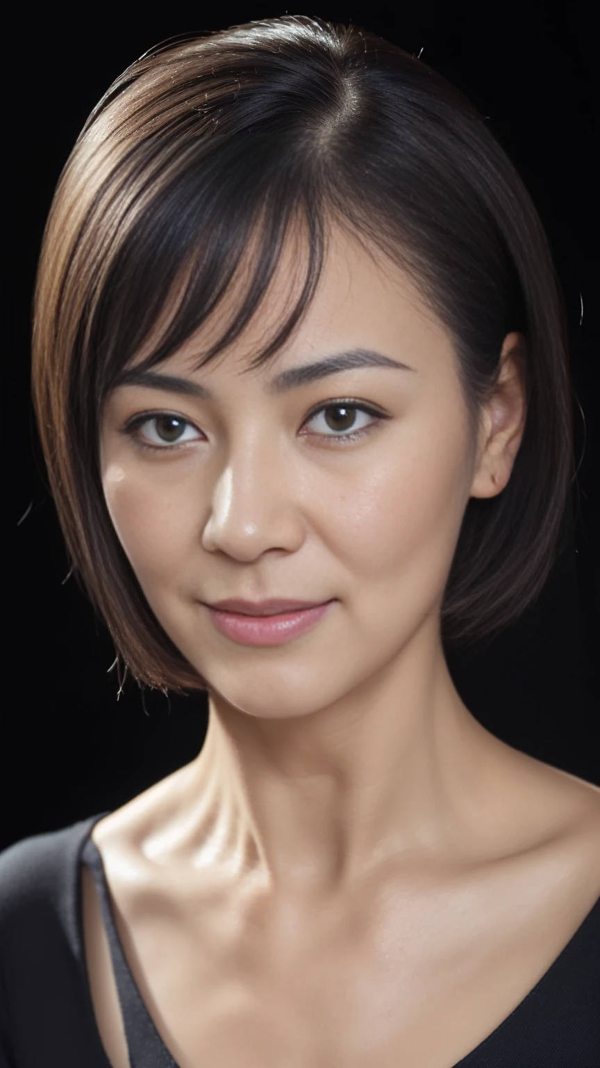 (((Highest quality)), ((8k)), ((masterpiece: 1.3)), (Photorealism: 1.6), (JMA), (Who), (Portrait of a Japanese mature woman), (Pitch black background: 1.2), (65-year-old woman), (Cat face), (Perfect looks), ((Realistic skin texture)), (Fine wrinkles all over the skin), (Dullness), (Facial wrinkles), (Wrinkles around the eyes), double eyelid, Tear bags under the eyelids, (corner of the eye), Thin eyebrows, (Grimacing and laughing), Short bangs, short hair, (Colorful V-neck sexy dress: 1.2), (Close-up of face),