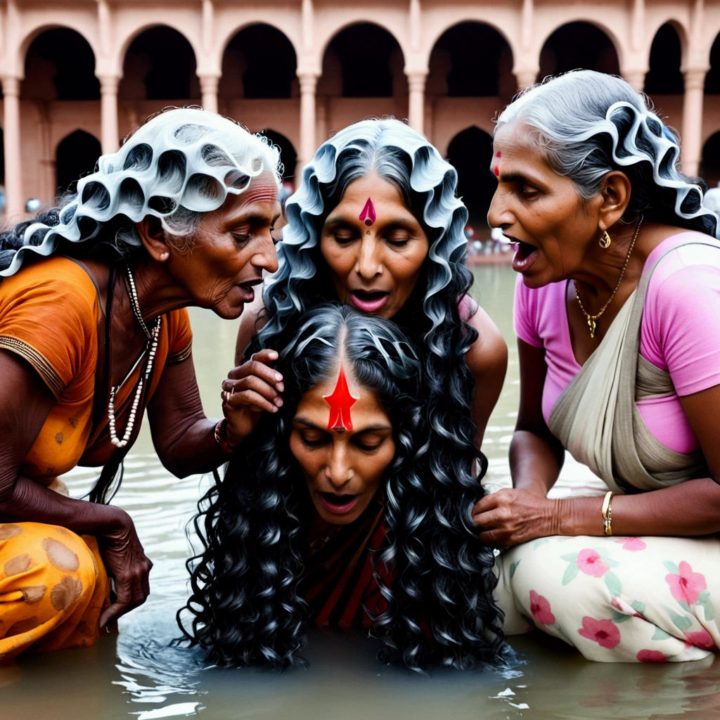 Ultra detailing image prompt,Generate by using all the ladies features,figures and detailes,exactly and stictly as per the image prompt,Generate with strictly indian eldery ethnecity,Generate ladies 3c curly continuvity with using exact image prompt,Strictly follow the hair colors exactly as per image prompt,Generate 2 ladies licking hair on one lady with respective hair colors strictly exact as per the image prompt along with pulled out tongues,