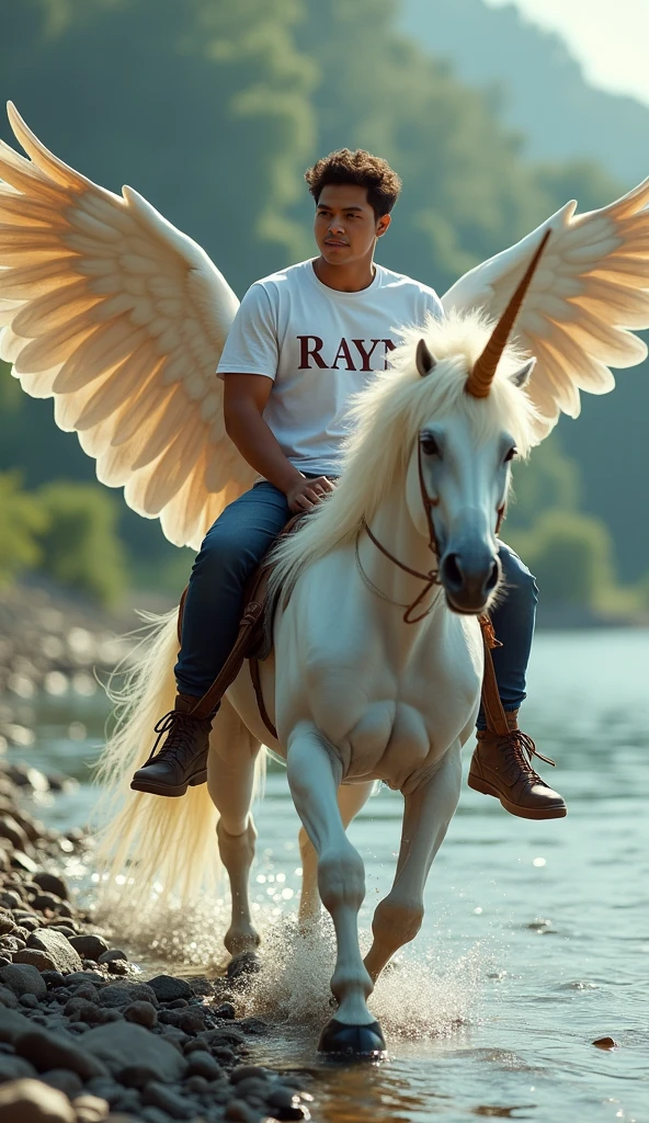 a photo-realism of a bit bulky 32-year-old handsome Indonesian man oval face wavy hair, white t-shirt written on the chest "RAYN" riding on the back of a saddled giant unicorn with wings, HD 4k high detail ultra realistic dynamic hyper realistic oled,  vibrant , subsurface scattering, amazing fine detail, on a little rocky riverbank