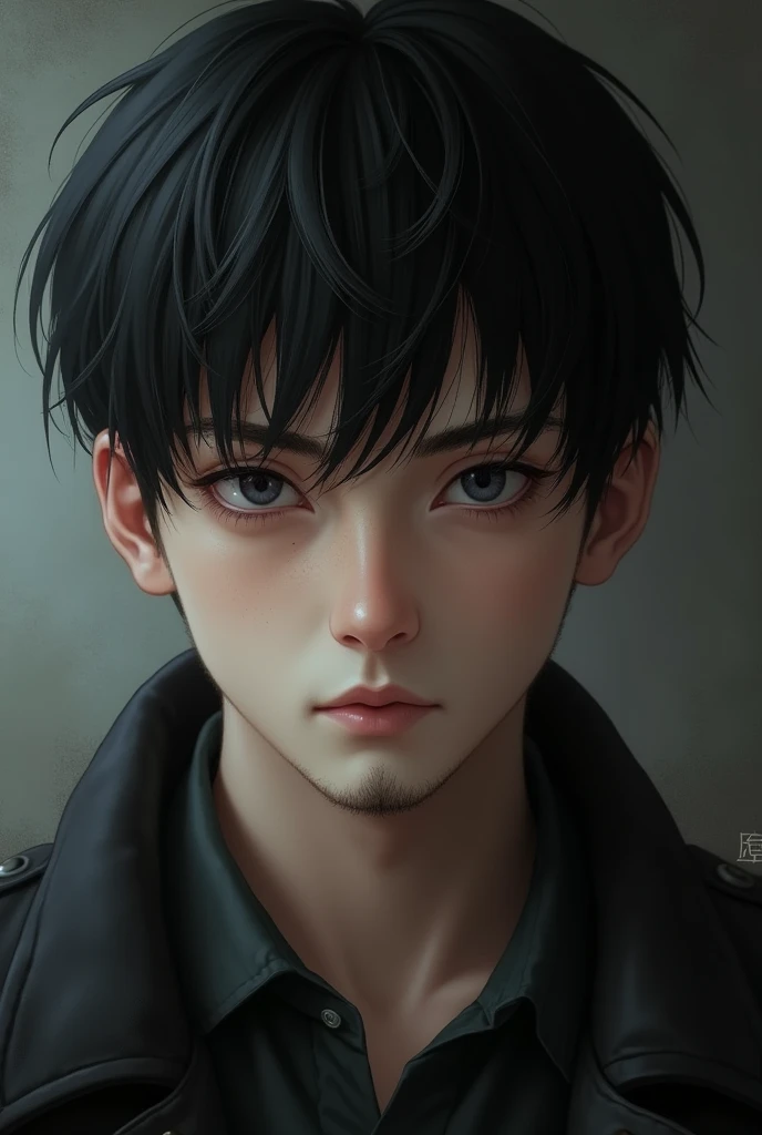 A boy with short black hair. White skin tone.
Bit of beard on chin. Age 20. Always serious.