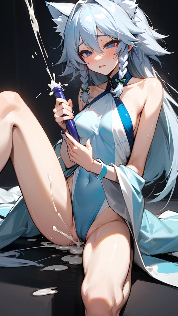 Highest quality　Neutral face　woman　I have long hair。　Odd Eye　One person　Gray Hair　Sakuya Izayoi　beautiful girl　Cat ear　naked　ejaculation　Masturbation　ＳＥＸ　Swimwear