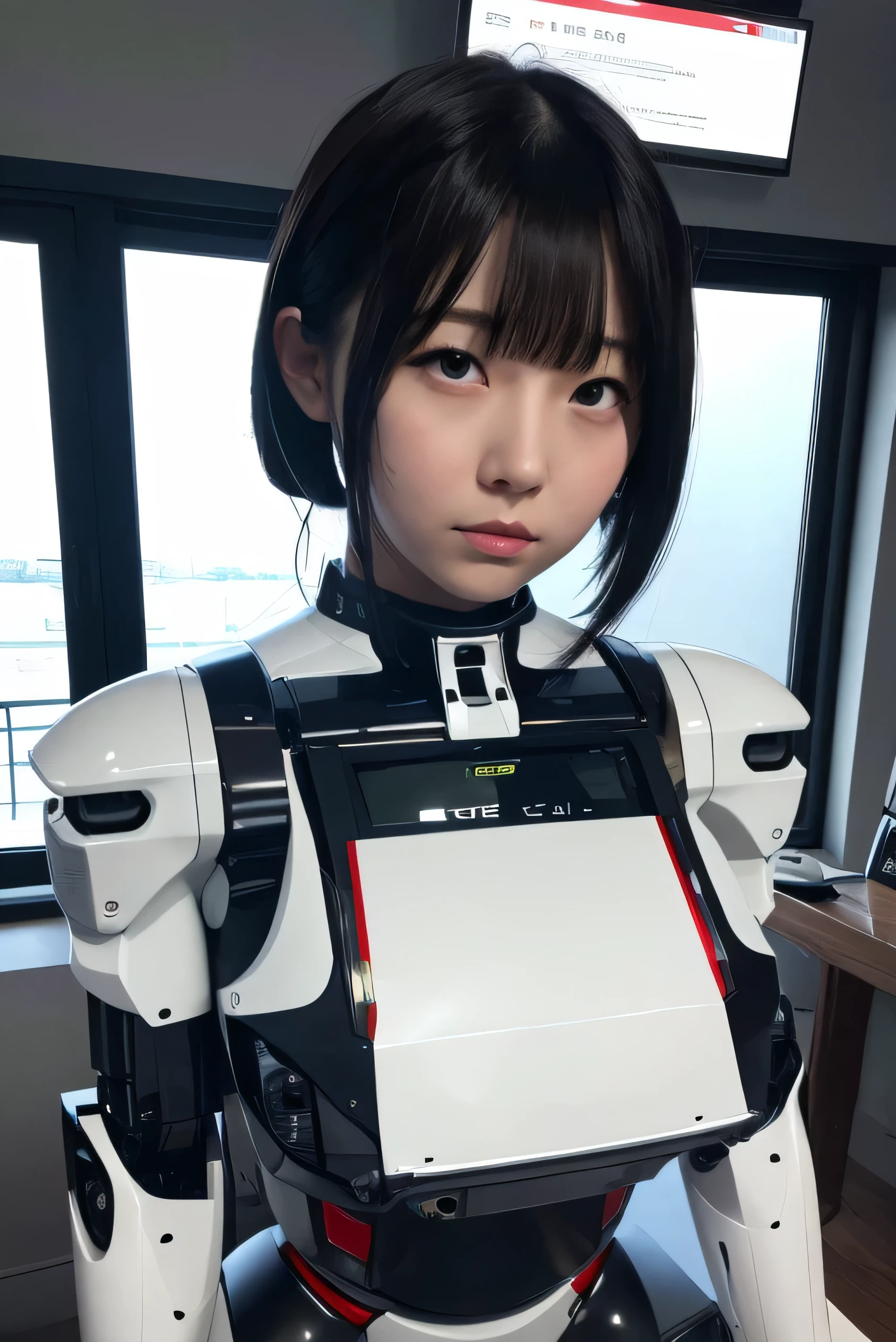 masterpiece, best quality, extremely detailed, Japaese android girl,portrait,Plump,a bit chubby,control panels,android,Droid,Mechanical Hand, Robot arms and legs, Black hair,Blunt bangs,perfect robot girl,long tube,thick cable connected her neck,android,robot,humanoid,cyborg,japanese cyborg girl ,robot-assembly plant,She is assembling now,assembly scene,rolling eyes,chest monitor