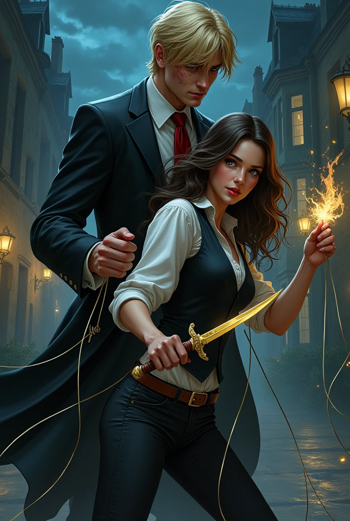 A man whose face cannot be seen and who has threads in his hands that tie a girl but she tries to free herself and then cuts some threads with a golden command dagger. That the man has a suit and blond, young-looking hair along with a scar on his face and that she wears pants and a white shirt with a black vest and that her hair is wavy and down to her shoulders and that she is about . Make sure the man's face isn't too visible. Have a mansion in the background and make it nighttime