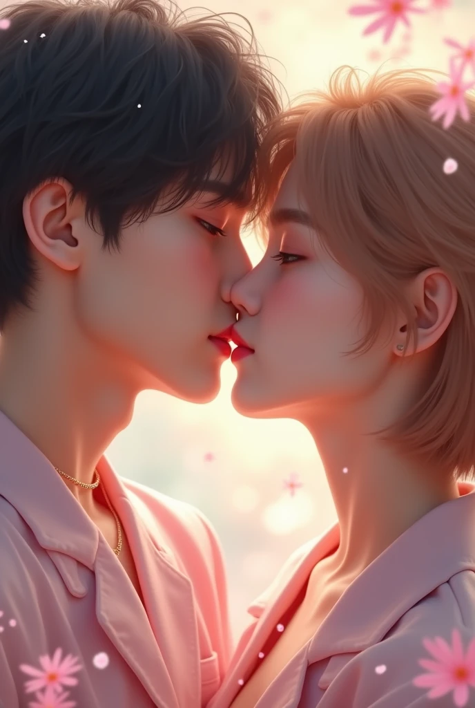 Jungkook from BTS kisses the sweet Taehyung and wears pink.