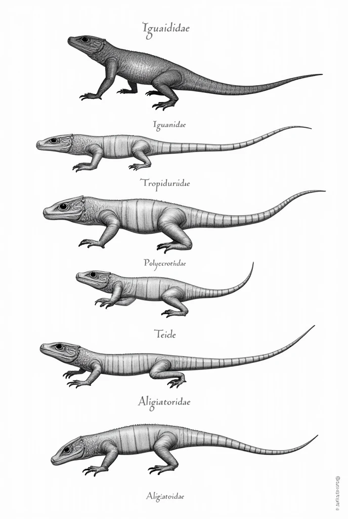 Only the genera Iguanidae Tropiduridae Polycrothidae Teiidae Alligatoridae ( full body in black and white and below have your name of each one )