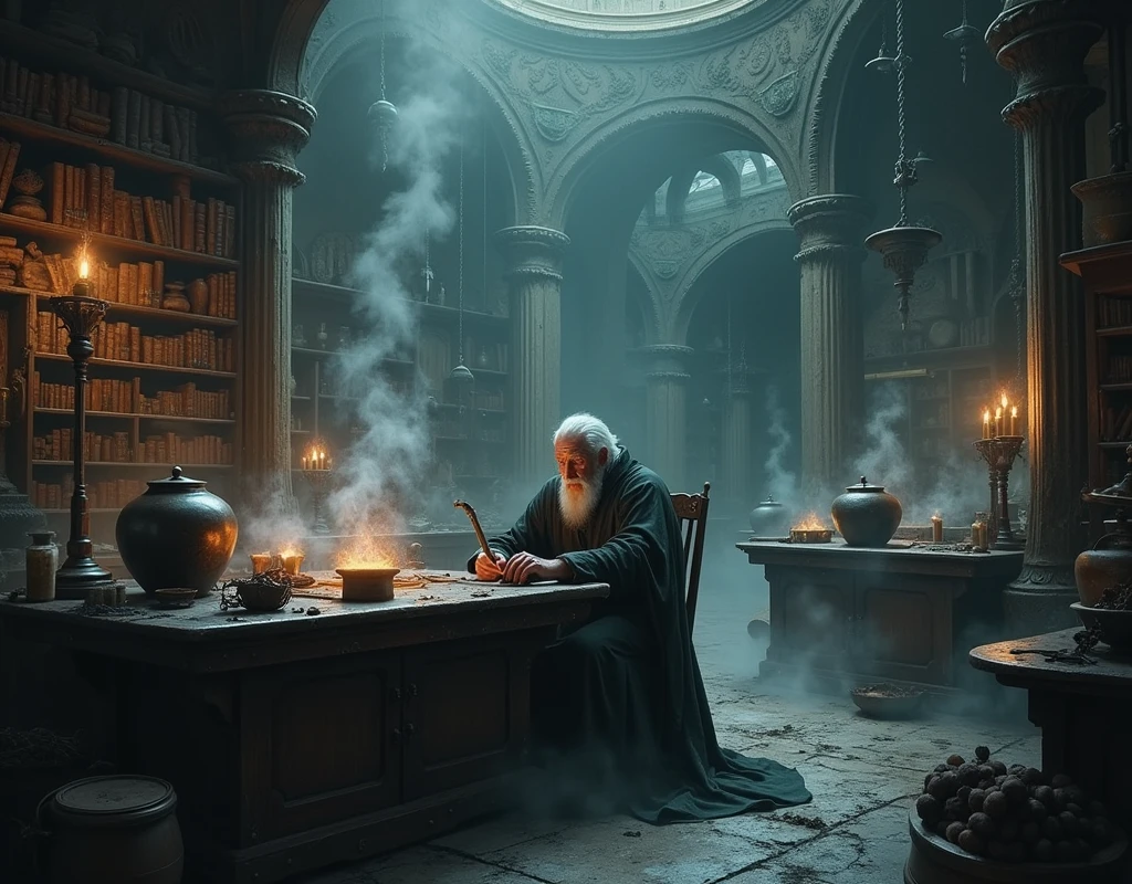 the image takes place inside a large palace, dark and abandoned, must convey an air of danger and distrust, mysterious old man wizard soup nutrients