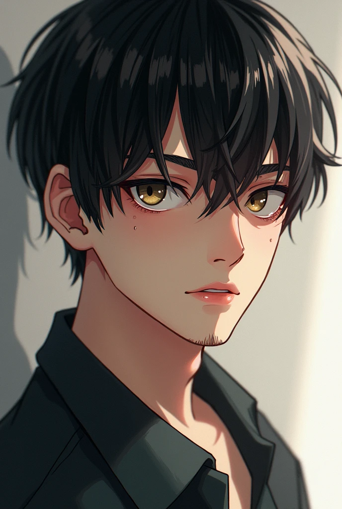 A boy with short black hair. White skin tone.
Bit of beard on chin. Age 20. Always serious.