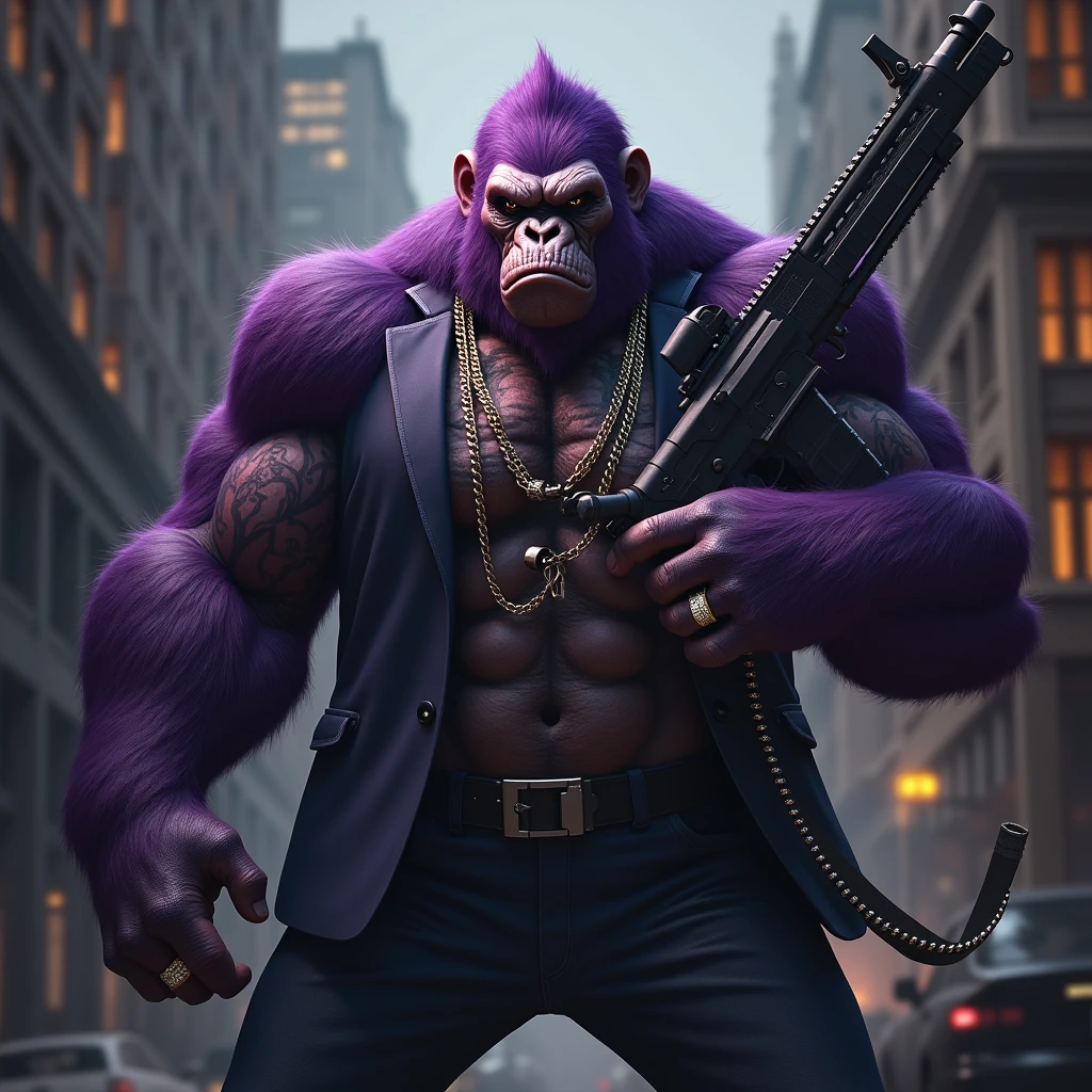 1 purple ape, With giant and high-caliber weapons, with gangster SUIT with chains, tattooed, with huge diamond and gold rings, smoking with a pipe, making a gesture of silence