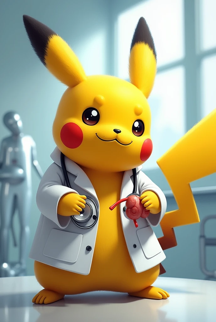 Pikachu dressed as a doctor with a small kidney in his hand