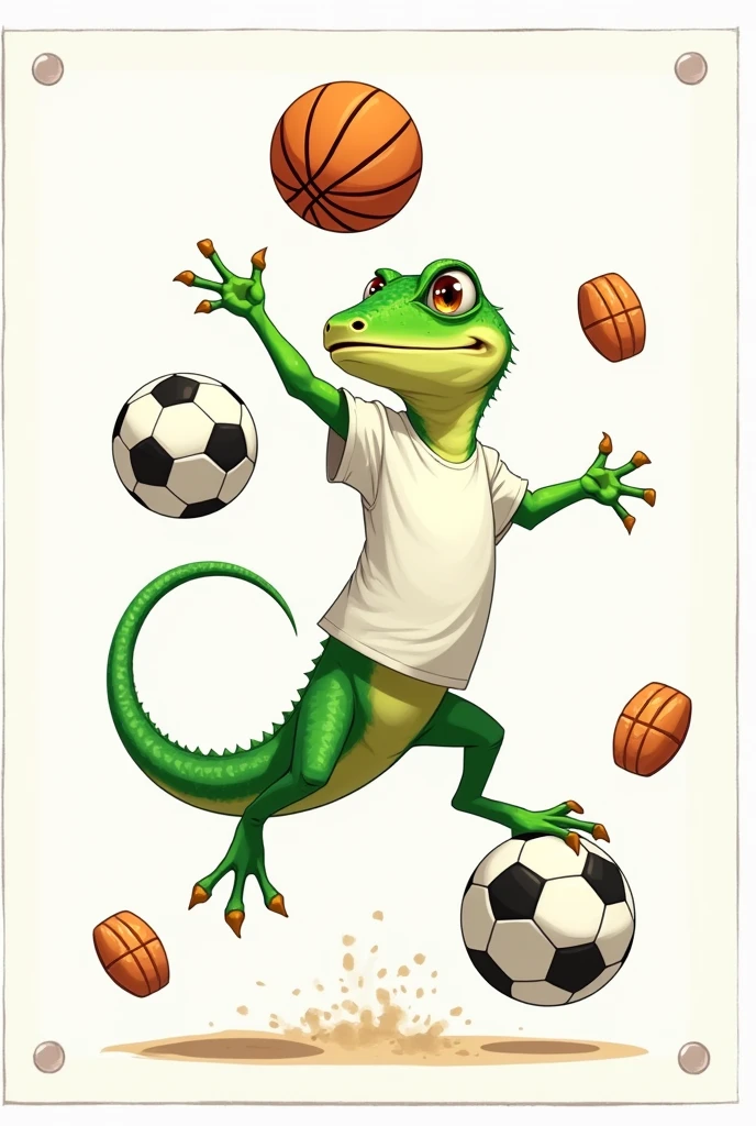 Create a lizard holding a volleyball and spinning a basketball on its tail while its foot is on top of a soccer ball and it is wearing a white shirt drawn on a normal notebook sheet